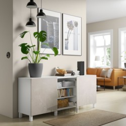 ترکیب ذخیره سازی با درب ایکیا مدل IKEA BESTÅ رنگ سفید برگسویکن/استابارپ/جلوه مرمر بژ