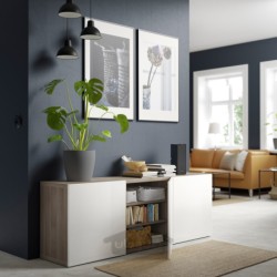 ترکیب ذخیره سازی با درب ایکیا مدل IKEA BESTÅ رنگ اثر گردویی خاکستری رنگ آمیزی شده/براق سلسویکن/سفید