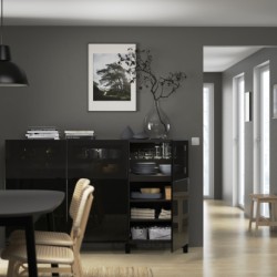 ترکیب ذخیره سازی با درب ایکیا مدل IKEA BESTÅ رنگ مشکی-قهوه ای سلسویکن/براق گلاسویک/مشکی شیشه دودی