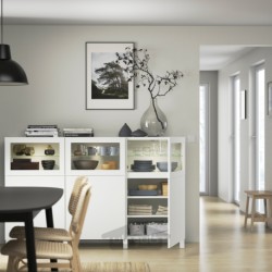 ترکیب ذخیره سازی با درب ایکیا مدل IKEA BESTÅ رنگ سفید لاپویکن/سفید سیندویک شیشه شفاف