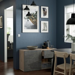 ترکیب ذخیره سازی با درب/کشو ایکیا مدل IKEA BESTÅ رنگ اثر گردوی رنگ آمیزی خاکستری کالویکن/اثر بتن خاکستری تیره