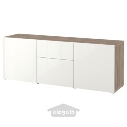 ترکیب ذخیره سازی با کشو ایکیا مدل IKEA BESTÅ رنگ اثر گردویی خاکستری رنگ آمیزی شده/براق سلسویکن/سفید