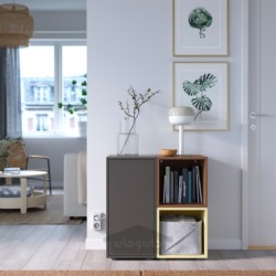 ترکیب کابینت با پایه ها ایکیا مدل IKEA EKET رنگ اثر گردویی خاکستری تیره/زرد کم رنگ