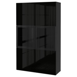 ترکیب ذخیره سازی با درب های شیشه ای ایکیا مدل IKEA BESTÅ رنگ مشکی-قهوه ای/براق سلسویکن/شیشه شفاف مشکی