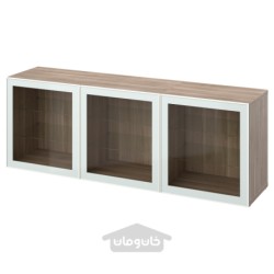 ترکیب ذخیره سازی با درب ایکیا مدل IKEA BESTÅ رنگ اثر گردویی خاکستری گلاسویک/سفید/شیشه شفاف سبز روشن