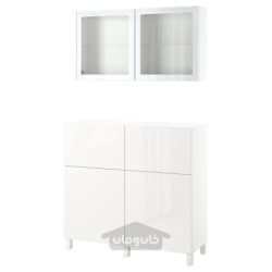 ترکیب ذخیره سازی با درب/کشو ایکیا مدل IKEA BESTÅ رنگ سفید/سلسویکن/براق استابارپ/سفید شیشه شفاف