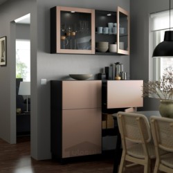 ترکیب ذخیره سازی با درب/کشو ایکیا مدل IKEA BESTÅ رنگ مشکی-قهوه ای لاپویکن/استابارپ/شیشه شفاف خاکستری مایل به قهوه ای روشن