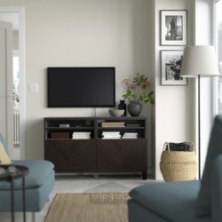 میز تلویزیون با درب ایکیا مدل IKEA BESTÅ رنگ مشکی-قهوه ای هتویکن/استابارپ/روکش بلوط رنگ آمیزی شده به رنگ قهوه ای تیره