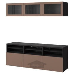 ترکیب ذخیره سازی تلویزیون / درب های شیشه ای ایکیا مدل IKEA BESTÅ رنگ مشکی-قهوه ای سیندویک/خاکستری مایل به قهوه ای روشن لاپویکن