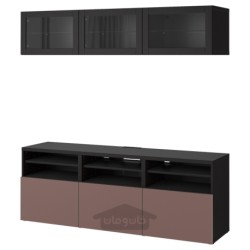 ترکیب ذخیره سازی تلویزیون / درب های شیشه ای ایکیا مدل IKEA BESTÅ رنگ مشکی-قهوه ای سیندویک/قهوه ای هیورتویکن