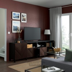 میز تلویزیون با درب و کشو ایکیا مدل IKEA BESTÅ رنگ مشکی-قهوه ای هتویکن/استابارپ/روکش بلوط رنگ آمیزی شده به رنگ قهوه ای تیره