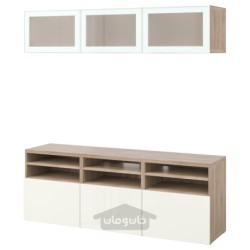 ترکیب ذخیره سازی تلویزیون / درب های شیشه ای ایکیا مدل IKEA BESTÅ رنگ اثر گردوی خاکستری رنگ آمیزی شده/براق سلسویکن/سفید شیشه مات