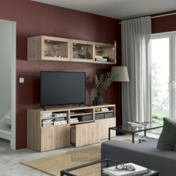 ترکیب ذخیره سازی تلویزیون / درب های شیشه ای ایکیا مدل IKEA BESTÅ رنگ اثر گردوی خاکستری رنگ آمیزی شده/شیشه شفاف گردویی رنگ خاکستری لاپویکن