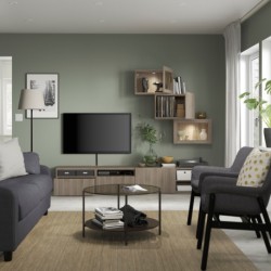 ترکیب ذخیره سازی تلویزیون / درب های شیشه ای ایکیا مدل IKEA BESTÅ رنگ اثر گردوی خاکستری رنگ آمیزی شده/شیشه شفاف گردویی رنگ خاکستری لاپویکن