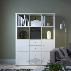 قفسه سفید ایکیا با 4 محفظه درب دار و 4 کشو 112×147 سانتی متر مدل IKEA KALLAX