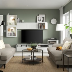 ترکیب ذخیره سازی تلویزیون / درب های شیشه ای ایکیا مدل IKEA BESTÅ رنگ سفید/هانویکن/شیشه شفاف سفید
