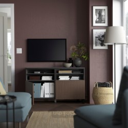 میز تلویزیون با درب ایکیا مدل IKEA BESTÅ رنگ مشکی-قهوه ای بیورکوویکن/استابارپ/روکش بلوط رنگ آمیزی شده قهوه ای