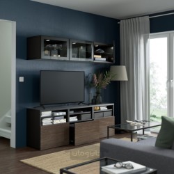 ترکیب ذخیره سازی تلویزیون / درب های شیشه ای ایکیا مدل IKEA BESTÅ رنگ مشکی-قهوه ای/براق سلسویکن/قهوه ای شیشه شفاف