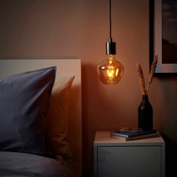 چراغ آویز با لامپ ایکیا مدل IKEA SKAFTET / MOLNART رنگ شیشه شفاف زنگی شکل/قهوه ای با پوشش نیکل