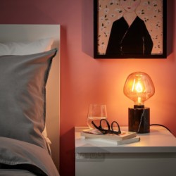 چراغ رومیزی با لامپ ایکیا مدل IKEA MARKFROST / MOLNART رنگ شیشه شفاف قهوه ای مشکی/زنگ شکل مرمر