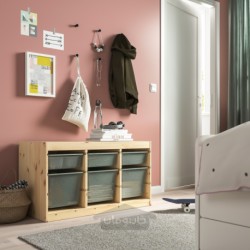 ترکیب ذخیره سازی با جعبه ایکیا مدل IKEA TROFAST رنگ کاج سفید کم رنگ/سبز مایل به خاکستری روشن