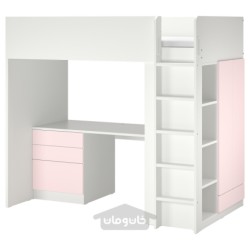 تخت زیر شیروانی ایکیا مدل IKEA SMÅSTAD رنگ سفید صورتی کمرنگ/با میز تحریر با 4 کشو