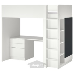 تخت زیر شیروانی ایکیا مدل IKEA SMÅSTAD رنگ سفید سطح تخته سیاه/با میز تحریر با 4 کشو
