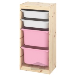 ترکیب ذخیره سازی با جعبه ایکیا مدل IKEA TROFAST رنگ رنگ کاج سفید روشن به رنگ سفید/صورتی