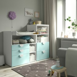 میز تعویض ایکیا مدل IKEA SMÅSTAD / PLATSA رنگ سفید فیروزه ای کم رنگ/با قفسه کتاب
