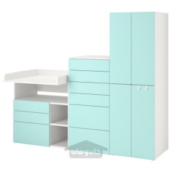 ترکیب ذخیره سازی ایکیا مدل IKEA SMÅSTAD / PLATSA رنگ سفید فیروزه ای کم رنگ/با میز تعویض