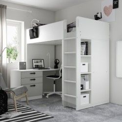 تخت زیر شیروانی ایکیا مدل IKEA SMÅSTAD رنگ سفید خاکستری/با میز تحریر با 2 قفسه