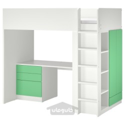 تخت زیر شیروانی ایکیا مدل IKEA SMÅSTAD رنگ سفید سبز/با میز تحریر با 2 قفسه