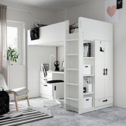 تخت زیر شیروانی ایکیا مدل IKEA SMÅSTAD رنگ سفید سفید/با میز تحریر با 2 قفسه
