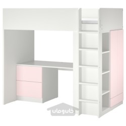 تخت زیر شیروانی ایکیا مدل IKEA SMÅSTAD رنگ سفید صورتی کمرنگ/با میز تحریر با 3 کشو