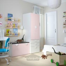 ترکیب ذخیره سازی ایکیا مدل IKEA SMÅSTAD / PLATSA رنگ سفید صورتی کمرنگ/با نیمکت